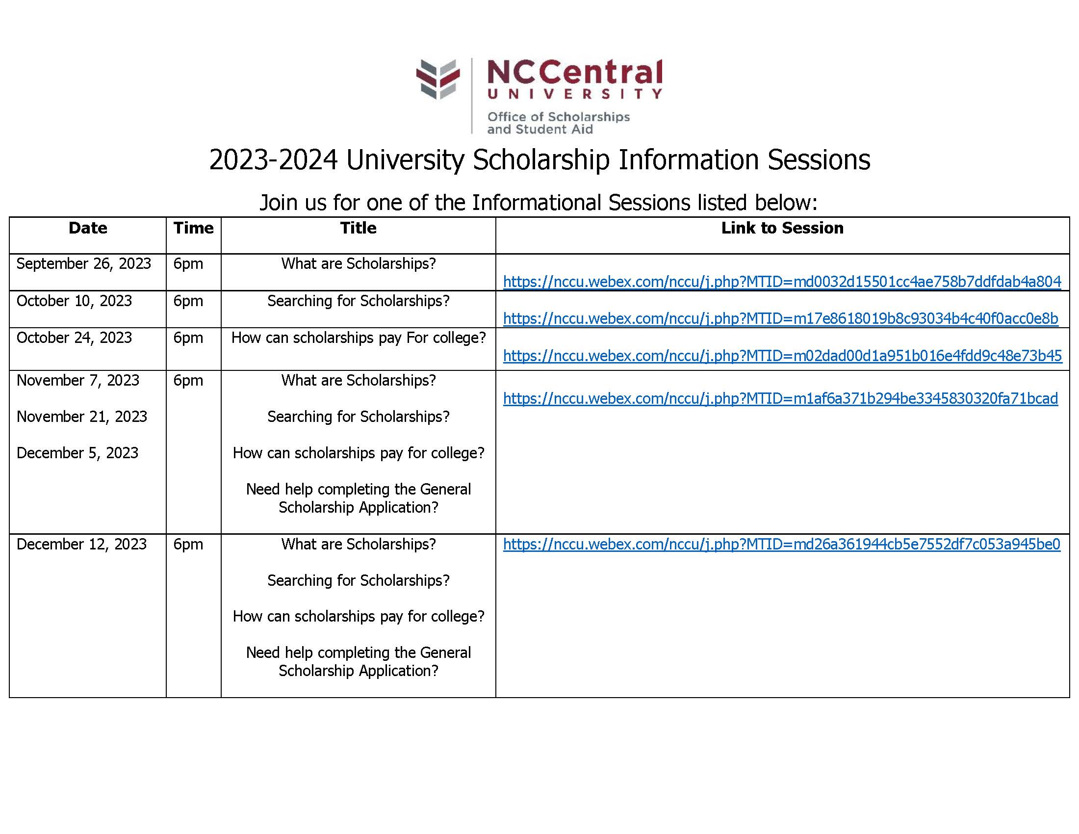 2023-2024 Scholarship Sessions Fall 2023